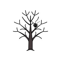 Cartoon Tree with Bare Branches and a Spooky Creature Peeking Out from Behind the Trunk Isolated on White