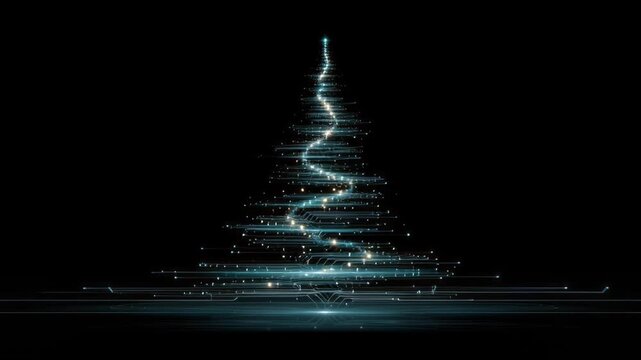 Futuristic Glowing Christmas Tree with Sparkling Light Trail, Digital Lines, Festive Modern