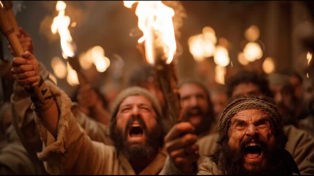 Angry Men Torch Ancient War Crowd Night Protest Fire Scene, Intense Group Holding Torches