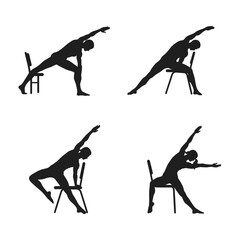 Chair Yoga Poses Set Stretching and Fitness Routine Illustrations silhouette
