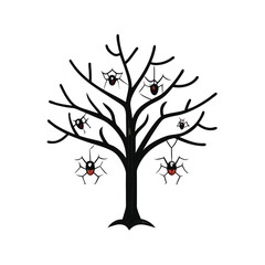 Naklejka premium Cartoon Halloween Tree Silhouette with Spiders Hanging from Branches on a White Background Illustration