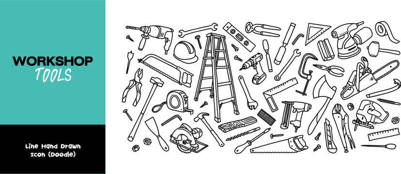 Workshop Tools Line Hand Drawn Doodle, Hand Tools, Hardware Tools, Tools Set, Tool Kit, Repair, Tools and Equipment, Vector Illustration


