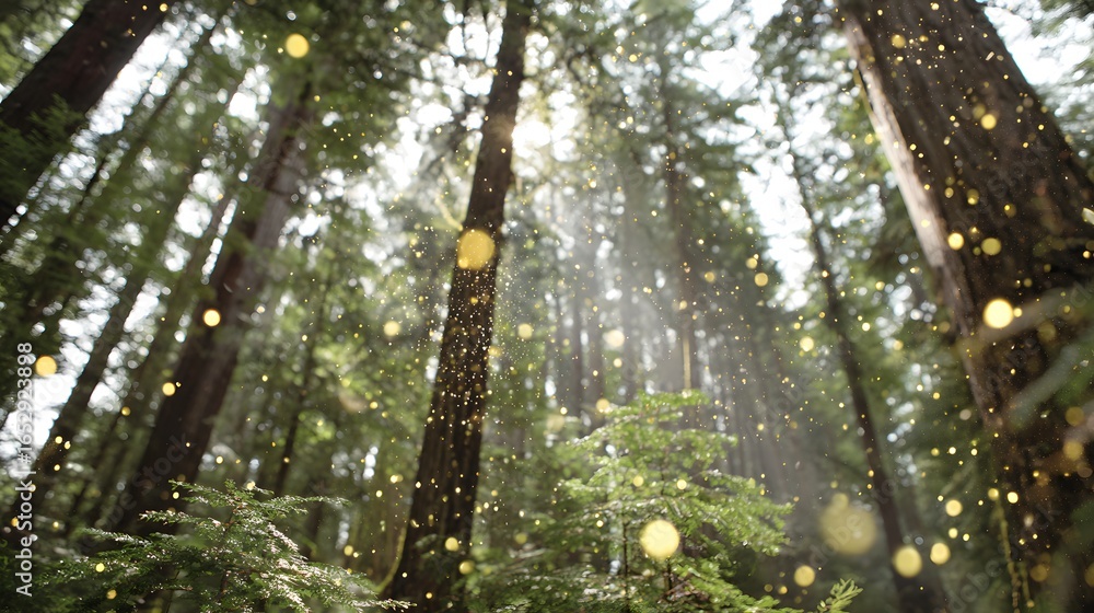 Poster sunlight streams through a dense forest, illuminating particles in the air.