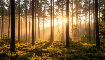 Obraz premium Forest with sun shining through trees