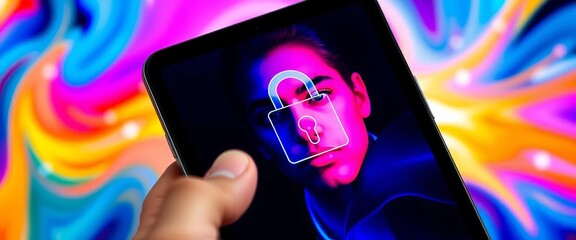 Smartphone screen displaying padlock with face overlay, unlocking tablet,  interface,  data protection
