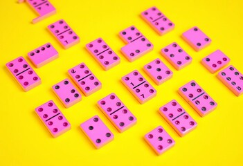 Trendy pink dominoes form abstract pattern on vibrant yellow background  Minimalist board game concept,   tile pattern,  geometric