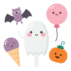 Cute Halloween Cartoon Characters with Kawaii Faces Ghost Bat Pumpkin Ice Cream and Balloon on White Background