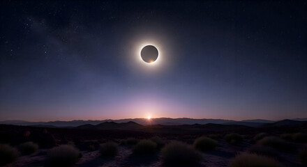 Total Solar Eclipse Over Desert Landscape at Dawn