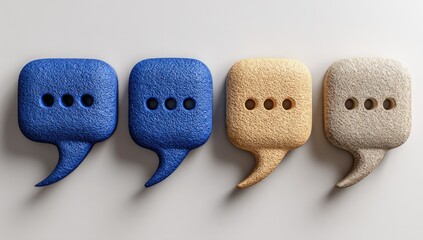 Four stylized speech bubbles in shades of blue and beige, textured and 3D rendered, arranged horizontally on a light gray background