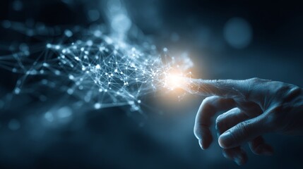 Abstract Visualization of Hand Interacting with Bright Neural-Like Digital Web in Dark Futuristic Space