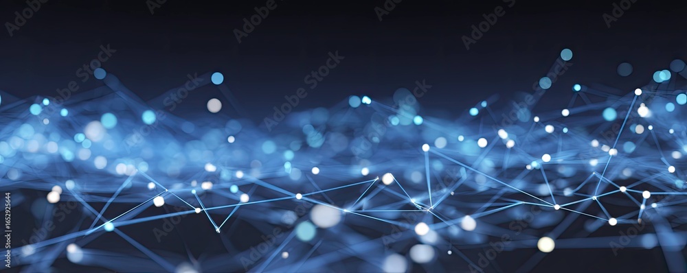 Poster digital connections abstract blue background with glowing nodes virtual space technology concept