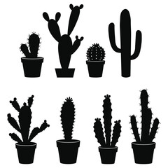 Cactus Plants in Pots Silhouettes Collection Isolated on White Background silhouette