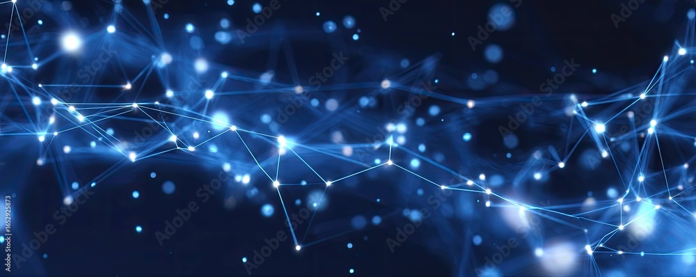 Poster high-tech perspective on dynamic blue digital network visualization in futuristic abstract art