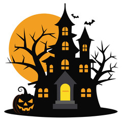 Spooky Haunted House with Pumpkin and Bats Against a Full Moon Halloween Vector Illustration Design