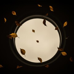 Autumn leaves gently falling outside a round vintage window frame, dark atmospheric scene