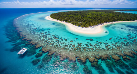 Fototapeta premium Aerial view of a tropical island with a coral reef and a boat