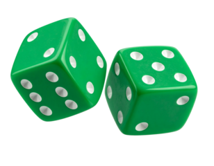 Green dice rolling, symbolizing chance, risk, gambling, and games of luck for business or entertainment