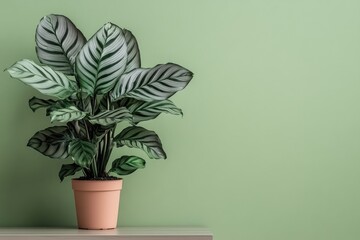 Plant in terracotta pot, mint green wall