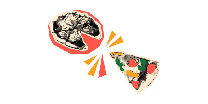 Trendy halftone art collage. Pizza and slice of pizza cut outs with vintage dot texture and doodles. Modern retro grunge vector illustration, mixed media design banner template isolated on transparent