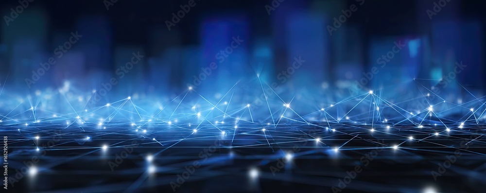 Poster exploring dynamic digital network connections in a futuristic virtual space aerial abstract art