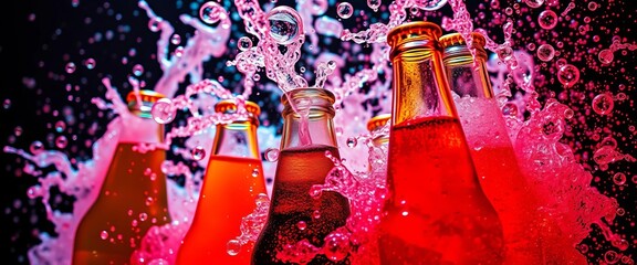 Exploding neon soda bottles, fizzy bubbles overflowing,  unhealthy,  neon