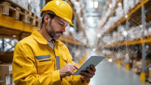 Warehouse Operations: A focused warehouse worker wearing a yellow hard hat and work suit examines a digital tablet, with technological integration in the background, efficiently managing inventory.  - Powered by Adobe
