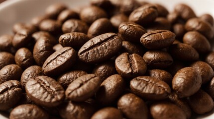 Close-up photo of roasted coffee beans with rich textures, natural oil sheen, and deep brown tones. Perfect for coffee packaging, branding, and cafe-related design projects.