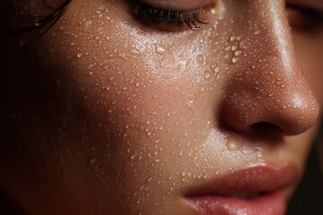 A woman's face is wet with water droplets