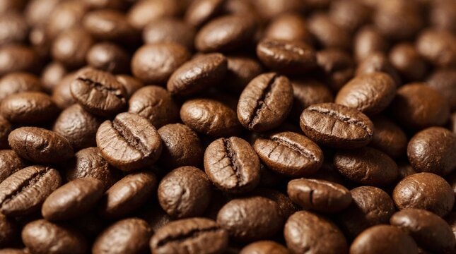 Close-up photo of roasted coffee beans with rich textures, natural oil sheen, and deep brown tones. Perfect for coffee packaging, branding, and cafe-related design projects.