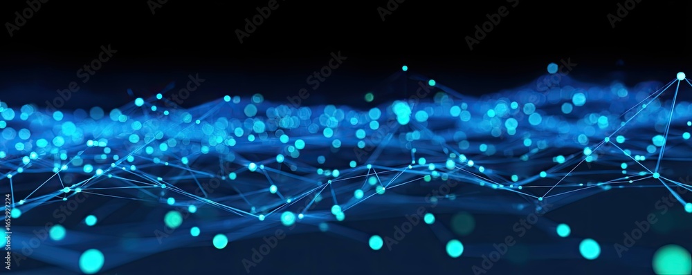 Poster virtual space visual art dynamic blue background with glowing connections and futuristic elements