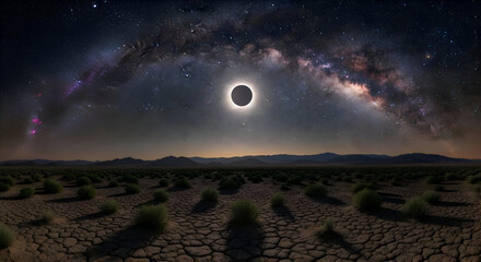 Solar Eclipse over Cracked Earth Landscape