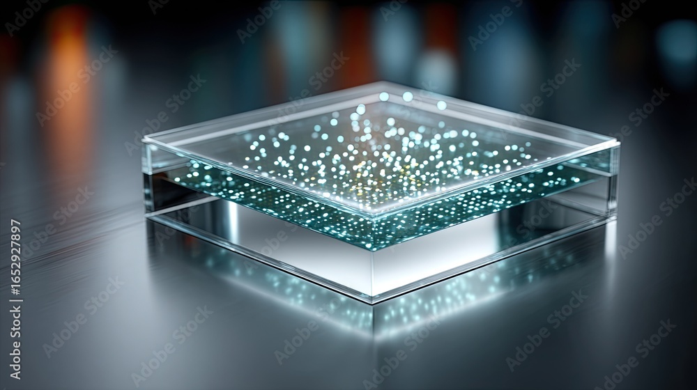 Poster a glowing ai chip embedded in a transparent casing, surrounded by floating binary code and energy wa