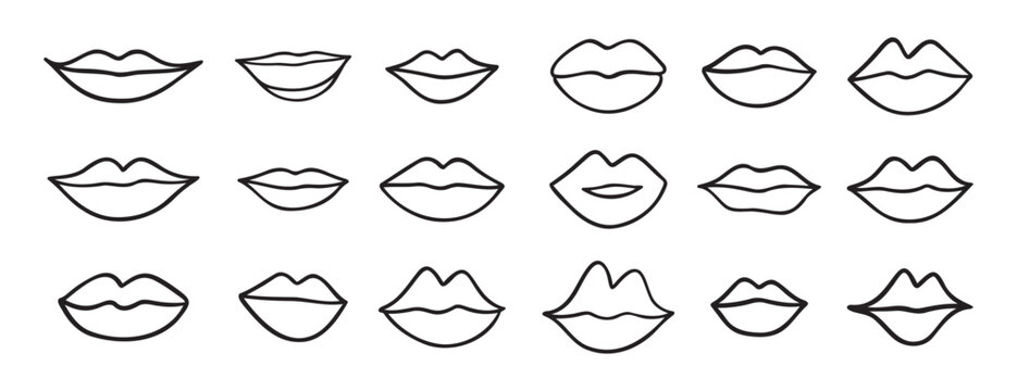 different lips doodle hand drawn icon set. Outline drawing lips line clipart symbol collection