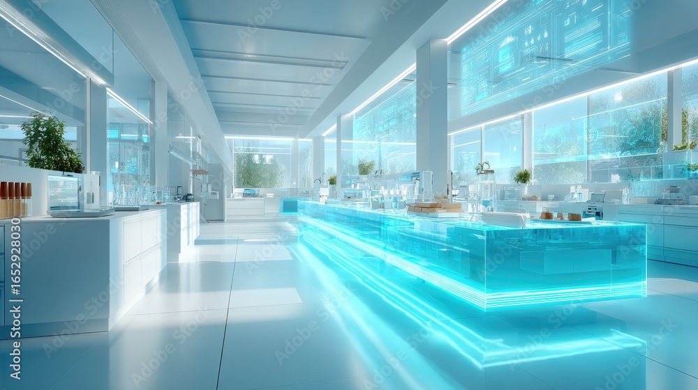 Aufkleber a high-tech ai lab with robotic arms assembling microchips, surrounded by holographic schematics and