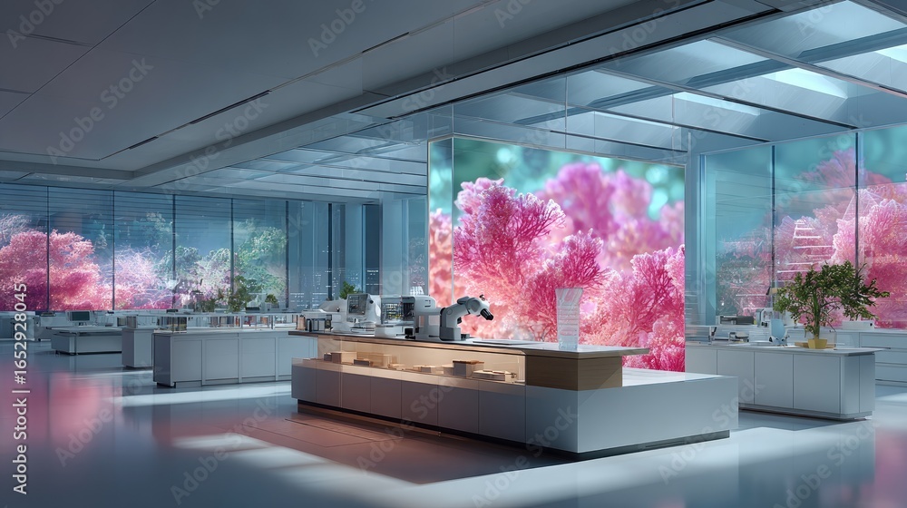 Poster a high-tech ai research lab with robotic microscopes analyzing dna strands, surrounded by holographi