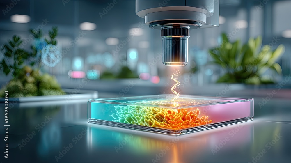 Poster a high-tech ai research lab with robotic microscopes analyzing dna strands, surrounded by holographi