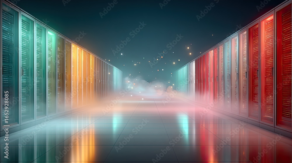 Poster a neon-lit server room with ai-powered robots analyzing data streams, digital particles floating in 