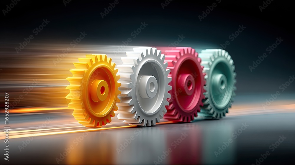 Aufkleber abstract gears in vibrant motion with glowing lines, symbolizing synchronized teamwork in startup cu