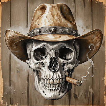 teschio umano scarnificato con un cappello da cowboy e un sigaro fumante stretto tra i denti, human skull skinned with a cowboy hat and a smoking cigar clenched between the teeth