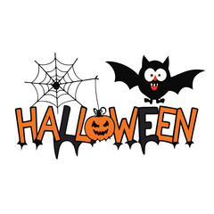 Cartoon Halloween Illustration with Bat Pumpkin and Spider Web for Holiday Decoration and Celebration Designs