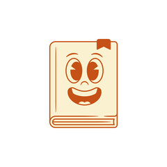 Cheerful laughing childish book cartoon character emoji vector illustration. Funky comic retro minimalist red textbook literature library reading education cute mascot