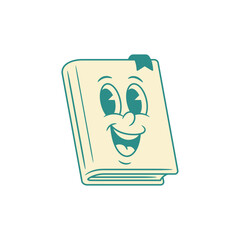 Smiling positive retro book cartoon character vector illustration. Cute adorable funny minimalist green textbook literature library reading education mascot cheerful cute emoticon