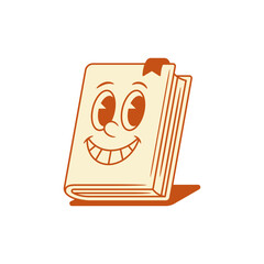 Overjoyed book cartoon character teeth smiling retro vector illustration. Happy comic minimalist textbook literature library reading education red mascot with shadow cute positive emoticon