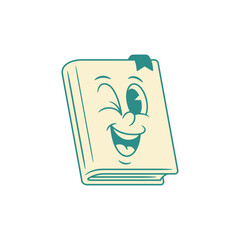 Funky winked book cartoon character green retro mascot vector illustration. Cheerful positive minimalist smiling textbook literature library reading education comic learning study emoticon