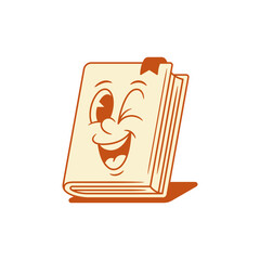 Happy winkling book cartoon character retro vector illustration. Smiling comic minimalist red textbook with bookmark literature library reading education mascot with positive emotion