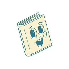 Funky book cartoon character retro minimalist vector illustration. Cute smiling comic textbook literature library reading education mascot smiling having fun with positive emotion
