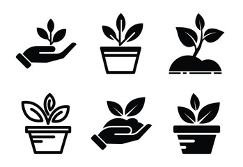 Growth and Nurturing Plants Black and White Icon Set Depicting Hands and Pots