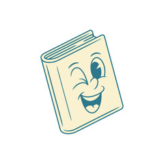 Cheerful cute book cartoon character winked with smile retro vector illustration. Adorable comic minimalist textbook literature library education mascot funky smiling emoticon