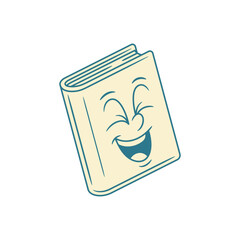 Comic funky book cartoon character laughing retro vector illustration. Adorable overjoyed minimalist textbook literature library education mascot having fun with positive emotion