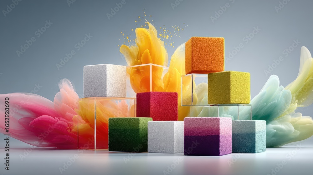 Aufkleber colorful cube elements forming a unified structure, representing startup team building and creative 